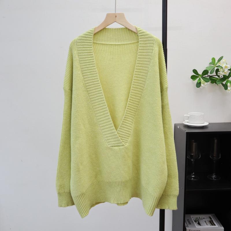 

Ленивый ветер свитер с глубоким V-образным вырезом пуловер осень и зима новый средней длины свободный темперамент вязаный свитер топ женский one size fits all зелёный