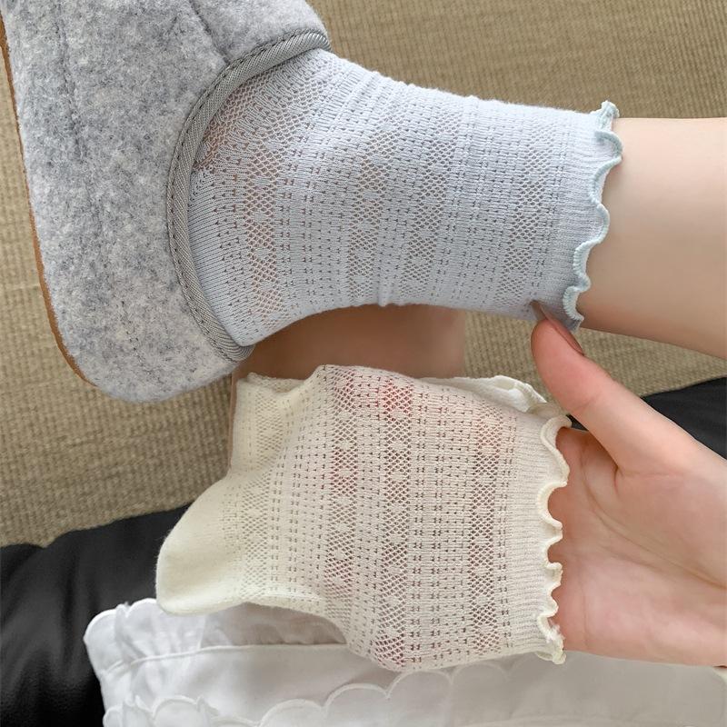 Women Spring and Summer Thin Dark Bow Ballet Style Hollow Breathable Mesh Tube Stack Socks