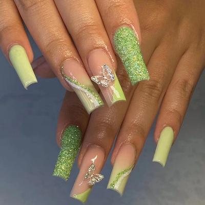 24ks/sada Rychlé nehty Francouzský zelený okraj Glitter Butterfly False Nials Nálepka Nositelná voděodolná manikúra Hotové nehty