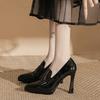 Frühling Herbst Damen Blockabsatz Pumps Spitze Dicke Sohle Einfarbige Leder Einzelne Schuhe Sexy 10cm Hohe Absätze Damenschuhe