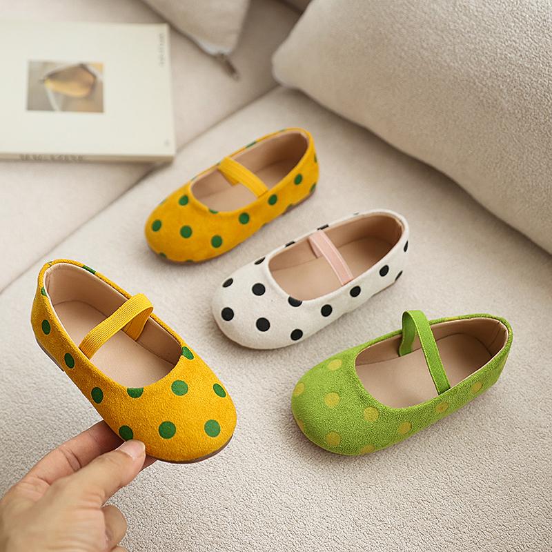 Children Clothing Yulin-001 Girls Green Fashion Trend Leather Shoes Classic Polka Dot Printed Children's Flats Wedding Party Kids Causal Princess Ballet Loafers Cm