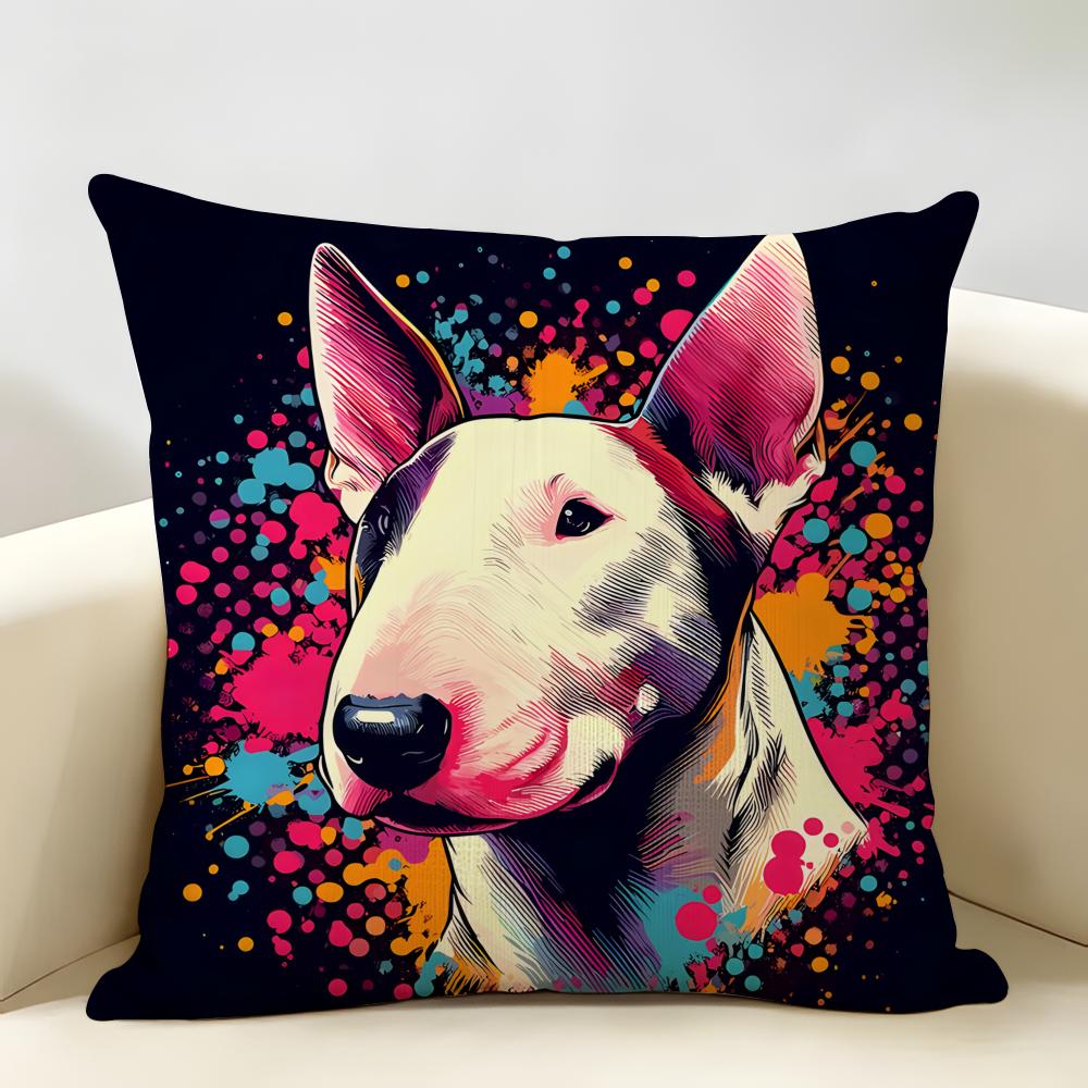 Housse de Coussin Série Bull Terrier Dessin Animé Lin Naturel Tissu Biologique Impression Double Face Décoration de Chambre Canapé Housse de Coussin