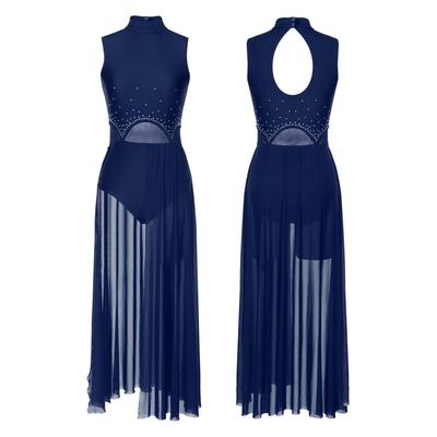 Vestido de baile lírico sin mangas con abertura en la espalda para mujer, disfraz de escenario actuación, vestidos de leotardo con retales divididos con diamantes de imitación