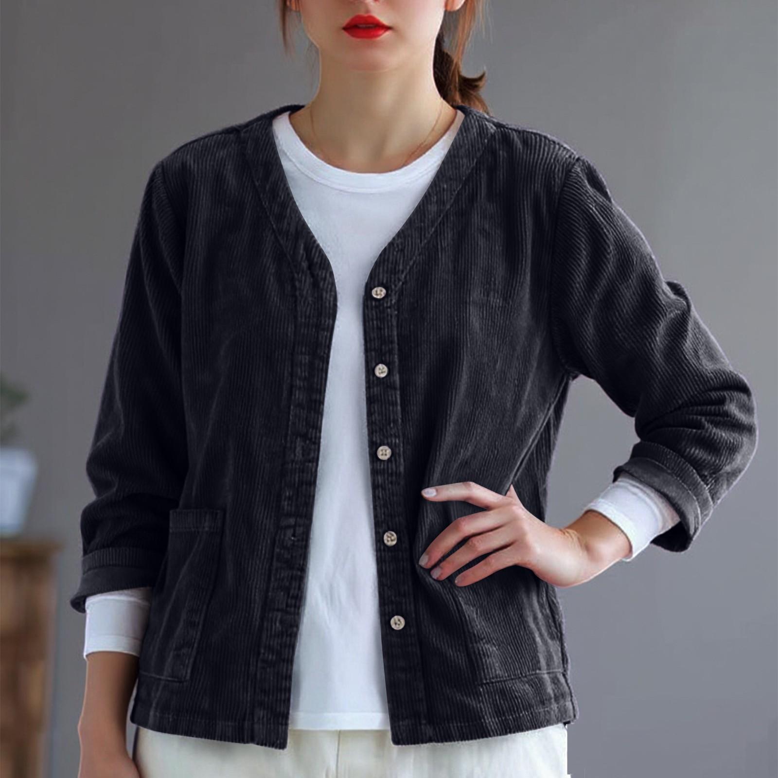 

Women s Retro Corduroy Cardigan Loose V-neck Striped Velvet Shirt Top Jacket L
