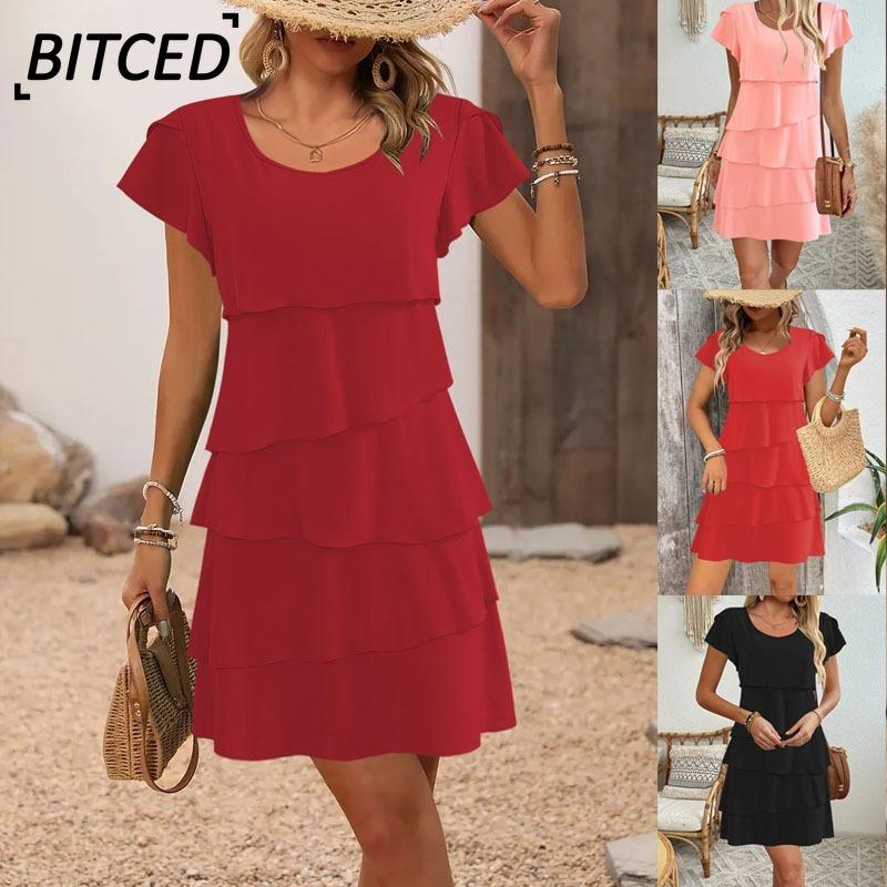 BITCED Mode Sommer Frühling Unifarbener Druck Kurzarm Rundhalsausschnitt Freizeitkleider Internationales Design