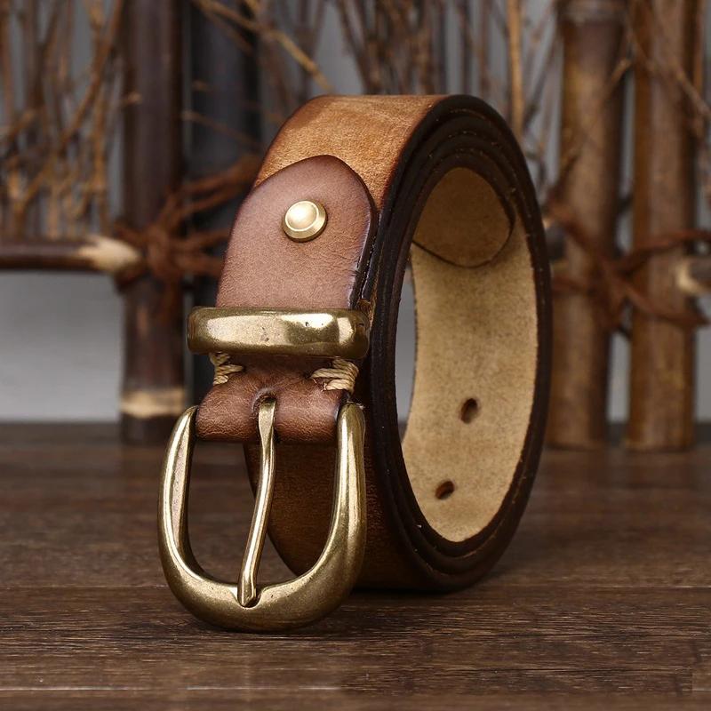 Unisex 3.3cm Men and Women Real Genuine Leather Vintage Belt Female Luxury Copper Buckle Belt Male High Quality Jeans Strap