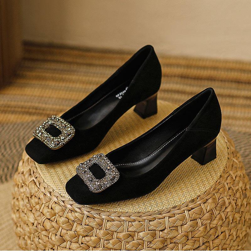 French square head single shoes women's middle heel 2025 new spring and autumn women's shoes rhinestone square buckle thick heel high heels are not t