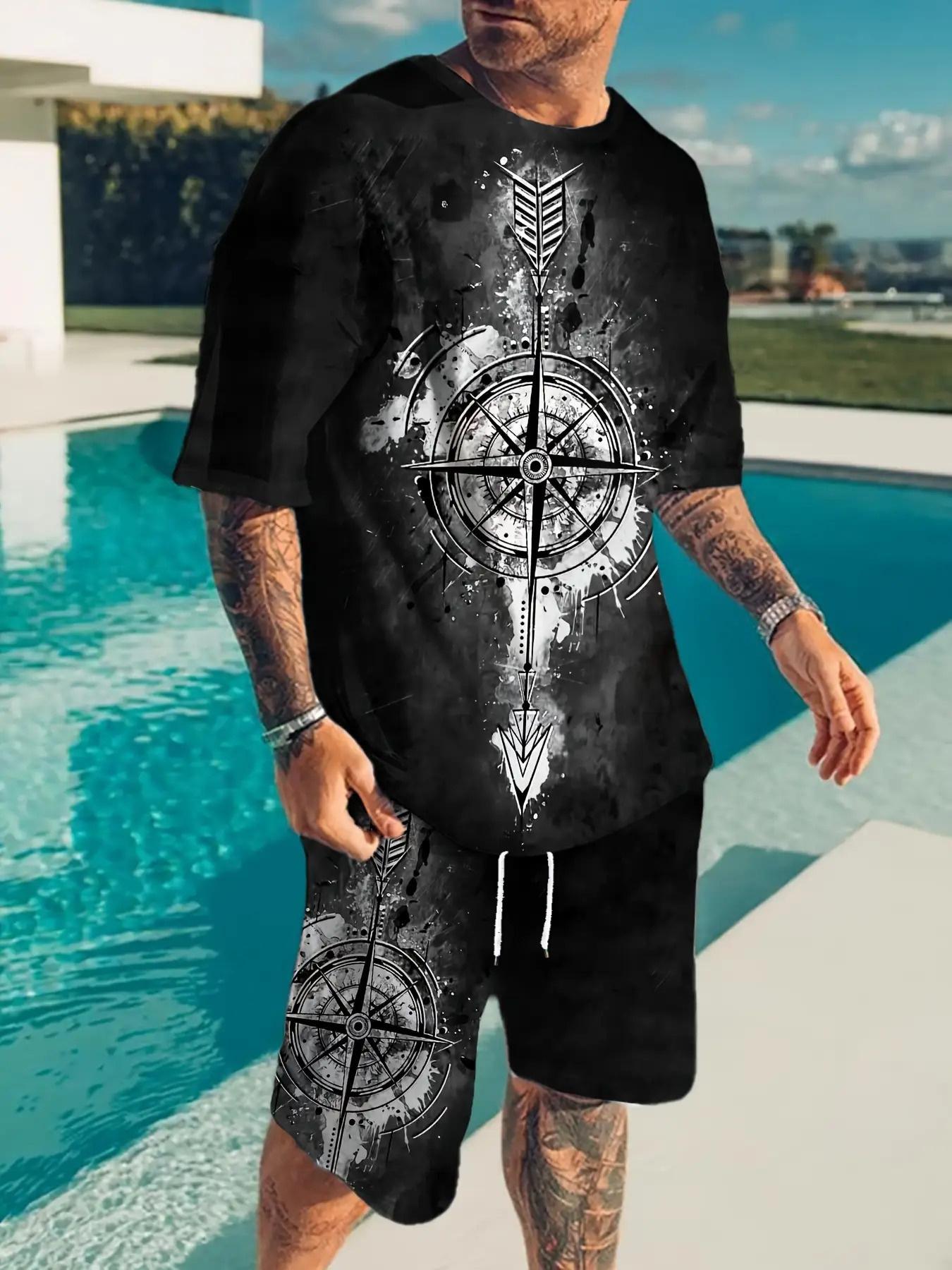 Plus Size Men s 3D Print Summer 2-Piece Casual Set S