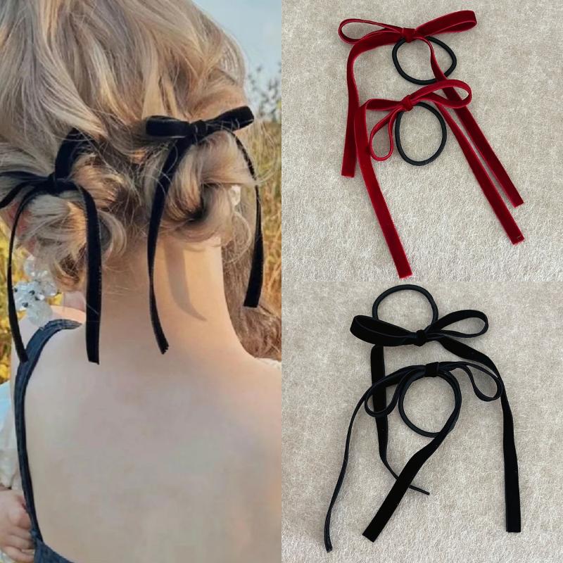 2Pcs Fashion Red Black Velvet Bow Hair Ties Hairpin For Women Girl New Year Hair Accessories Bow Rubber Bands Hair Clips