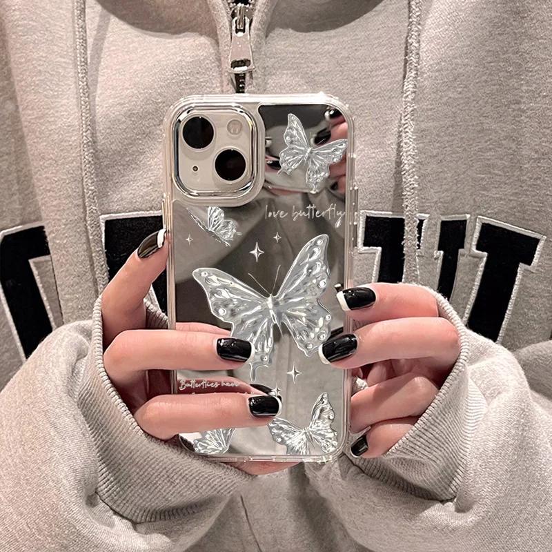 For iPhone 16 Pro 13 Case Luxury Mirror Silver Butterfly Phone Case iPhone 15 14 11 12 Pro Max 16 Plus XR X XS Shockproof Cover