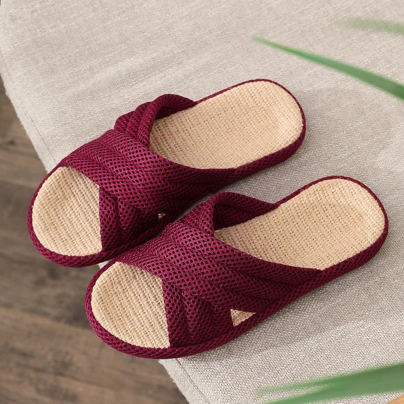 

Модные женские домашние льняные тапочки для пола 2025 Весенне-летняя обувь Дышащая ткань Нескользящие Парные Домашние льняные шлепанцы Домашняя обувь 240