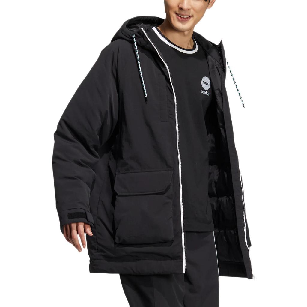 Adidas Neo Striped Letter Print Pattern Zip-Up Hooded Down Jacket Unisex Outerwear Black HN4763