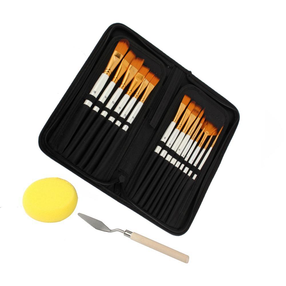 15-Piece Nylon Paintbrush Set with Black Bag for Watercolor, Oil, and Wall Painting