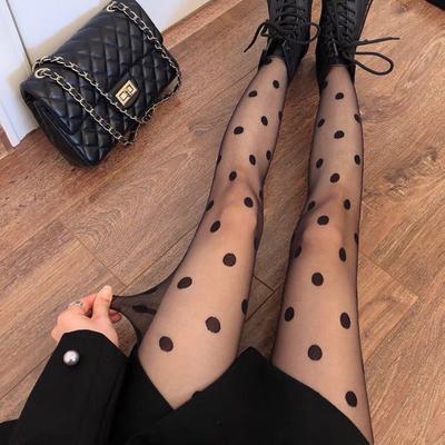 French Style Large Polka Dot Stockings for Women - Spring-Summer Thin Japanese Sexy Student Black Floral Mesh Tights