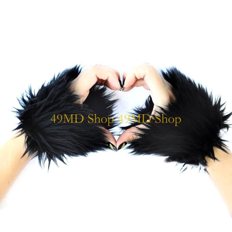 49MD Faux Furs Cuffs Arm Sleeve Warmer Lady Furry Wristband Gloves Coat Wrist Cuff