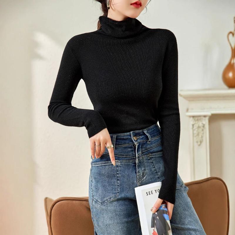 

Autumn new stacked collar containing silk wool sweater slim and thin black bottomed knitted sweater women s top 115 чёрный