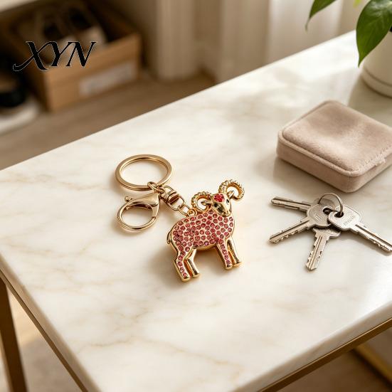 Rhinestone Goat Charm Golden Plated Keychain, Animal Shaped Zodiac Key Ring Metal Keyring Pendant, Handbags Backpack Decorative Accessories Pendant
