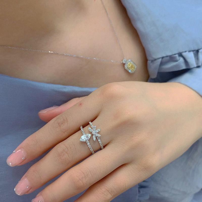 Super Flash Dreischichtiger Blumen-Oval-Volldiamant-Paarring für Frauen, geometrische Verlobung, Brautgeschenk, Partyschmuck, luxuriöser Hochzeitsantragsring