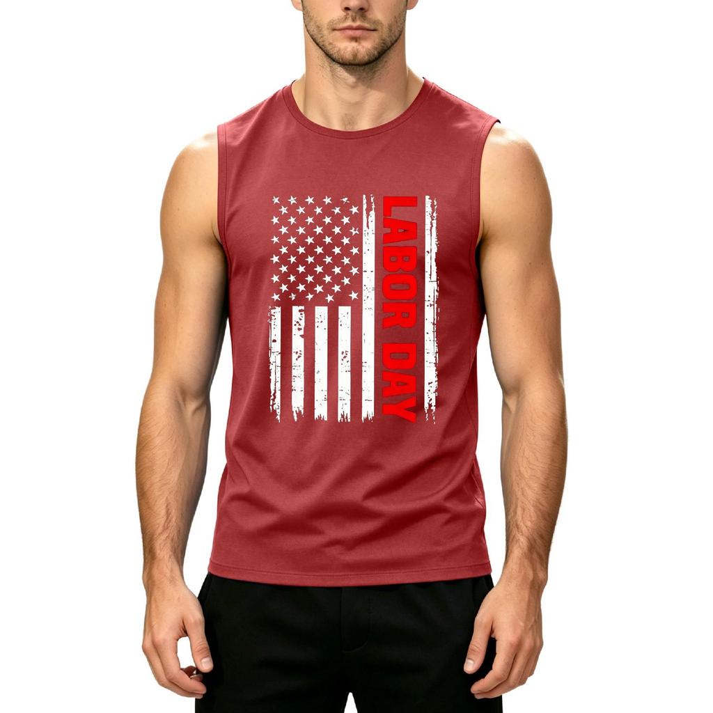 Men's Sleeveless Casual Tank Top with Printed American Flag and Labor Day Text Comfortable Fit for Summer Outdoor Activities