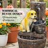 Garden Water Feature with 3-Tier Rustic Puppy Design, Freestanding Resin with LED Lights, Adjustable Flow, Rustic Brown