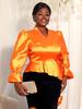Plus Size Women's Orange V-Neck Puff Sleeve Slimming Top with Irregular Ruffles
