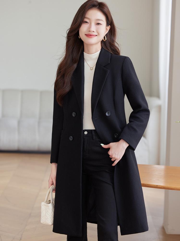 Trendy Navy Blue Wool Trench Coat for Work - Mid-Length, Petite Fit