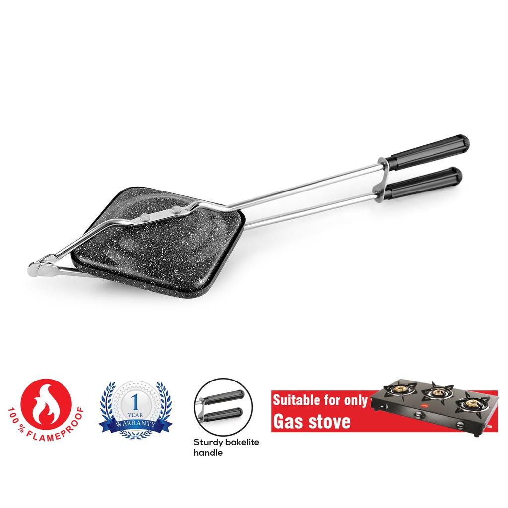 CELLO Non Stick Aluminium Sandwich Toaster For Gas Stove Use With Flame Proof Body And Heat Resistant Handle In Elegant Black Finish