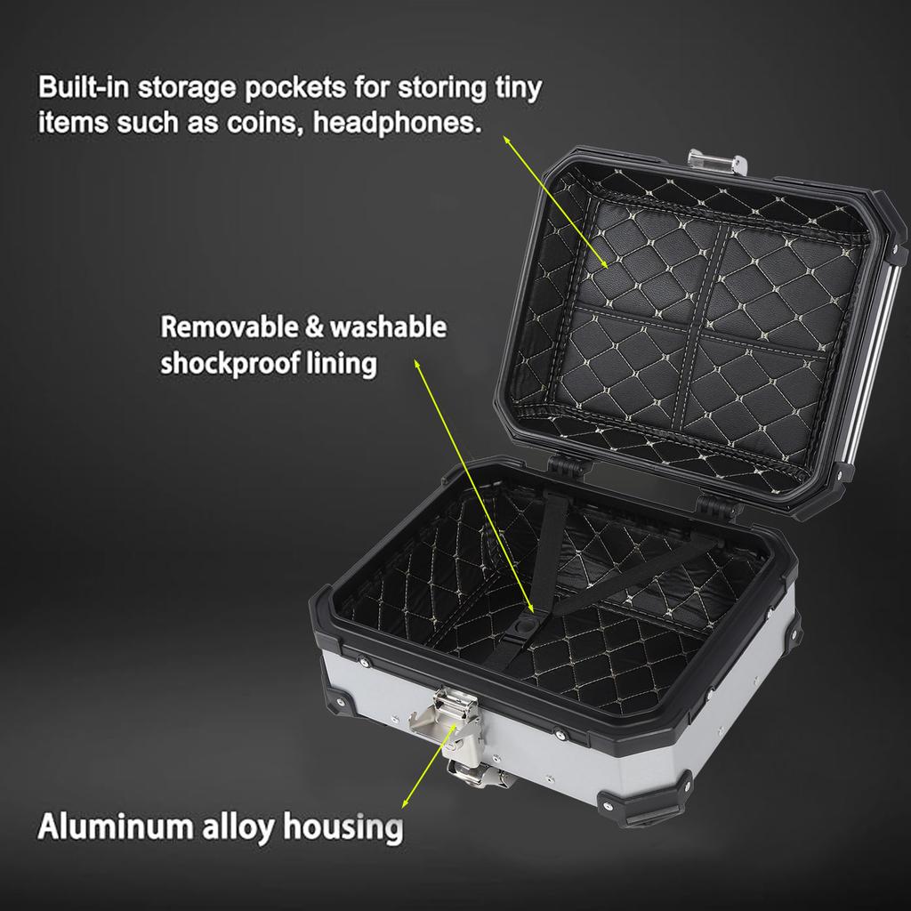 25L Motorcycle Top Box Aluminum Alloy Quick Release Water Resistant with Safety Lock Universal Rear Top Case for Helmet Luggage Silver