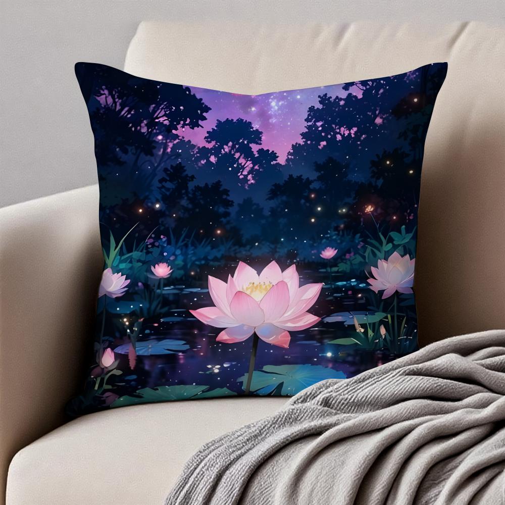 Nighttime dreamy lanterns and flowers Cushion Cover Pillowcase Antidustmite Invisible Zipper Short Plush Sofa Cushion