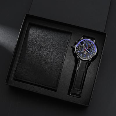 2PCS Set DEYROS Fashion Men's Watch Business Men's Calendar Leather Quartz Watch&Black Wallet Men's Gift