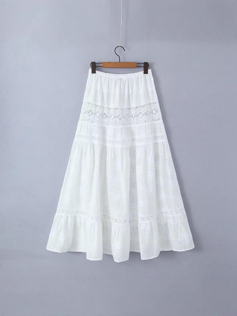 Damska Biała Długa Spódnica A-Line z Haftem Koronkowym w Wysokim Stanie - Jesień & Zima Delikatny Styl