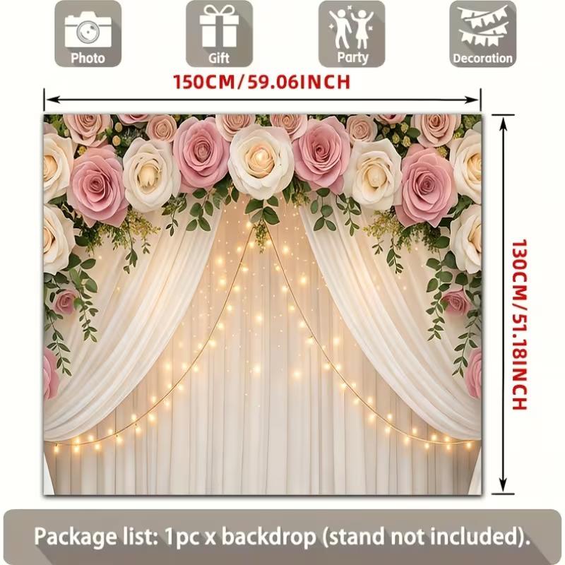 Pink Rose Curtain Wedding Tapestry, Floral Fairy Light Background Cloth, Romantic Party Backdrop