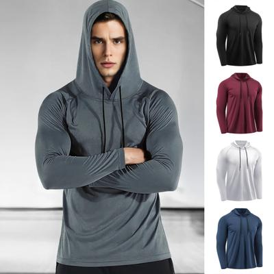 Herr Sportig Hoodie Snabbtorkande Passform Långärmad Huva Fitness Topp Slim Träningspullover Löparskjorta