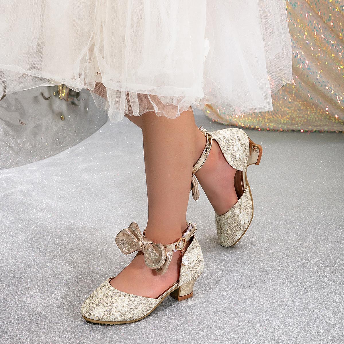 

New Children High Heels Ankle-strap Bowknot Girl Princess Dress Sandals Sweet Wedding Party Versatile Kids Fashion Catwalk Shoes 28 золотой