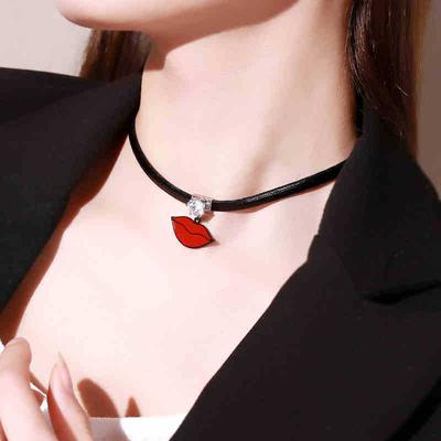 Korean Version of Sexy Neck Chain Red Lip Pendant New Leather Rope Necklace Women's Versatile Collarbone Chain Accessories Wholesale