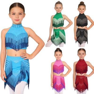 Eye-Catching Latin Dance Top with Skirt for Girls: Halter Neck Rhinestone Tassel Crop Top & Attached Briefs Skirt for Recital