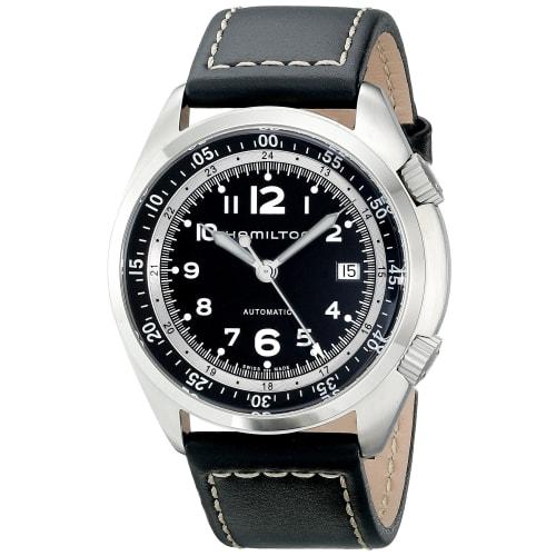 

Khaki Aviation Pilot Pioneer Auto Black Steel/Leather 41mm - 41mm, Stainless Steel, Black Leather, Black Arabic Numerals, Black