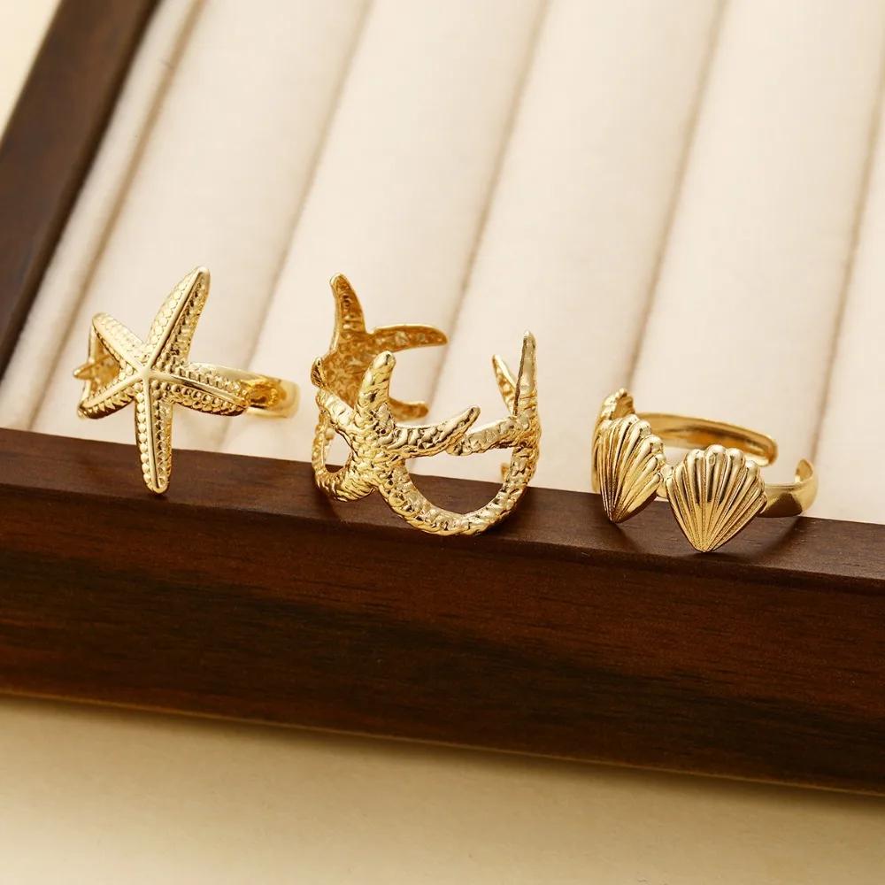 Beach Starfish Shell Style Women'S Alloy Ring Adjustable Opening Zircon Three Piece Set Summer Vacation Party Accessories