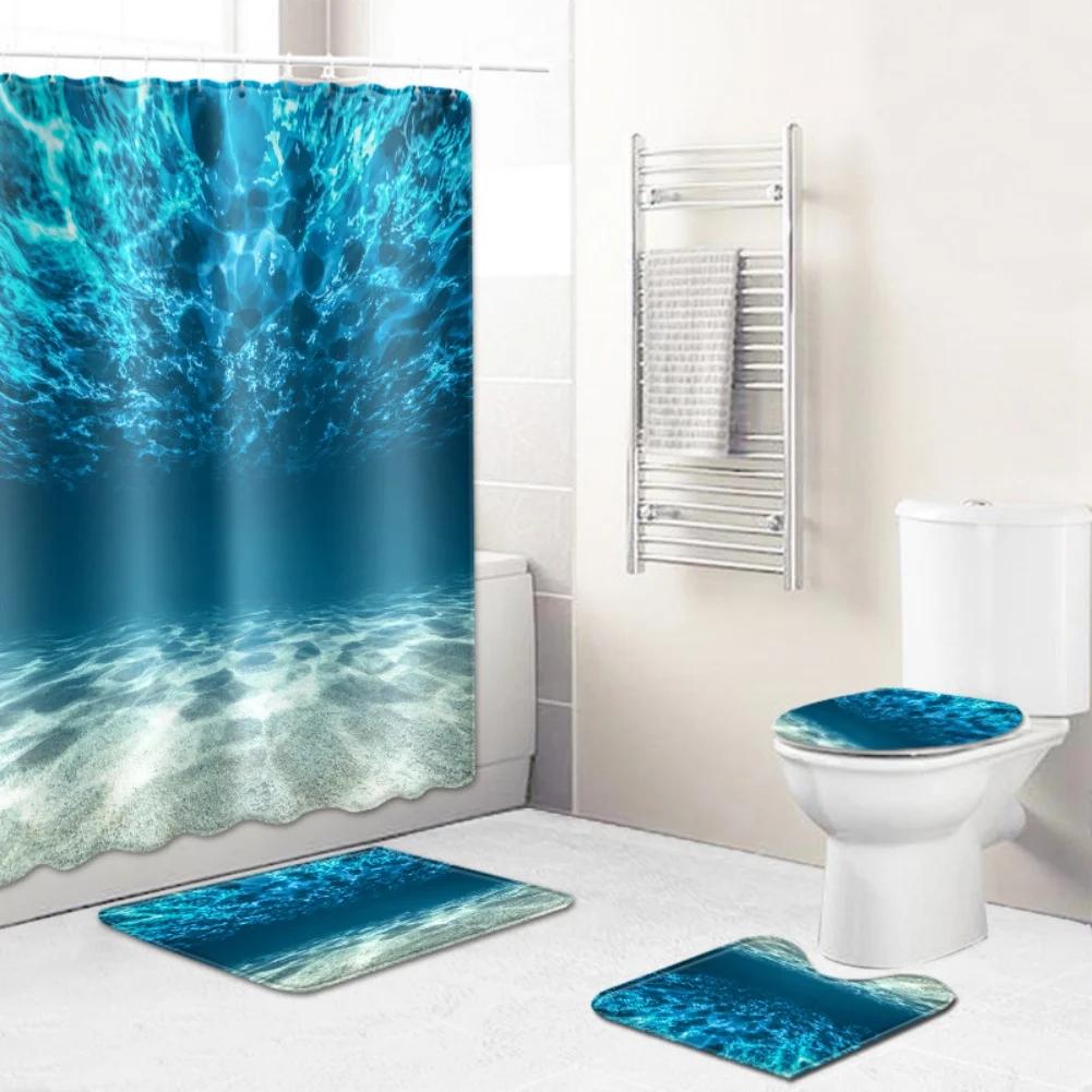 4pcs Beach Shells Shower Curtains Set Summer Waterproof Shower Curtain Anti-slip Mat Toilet Cover Set Marine Style Bathroom Deco