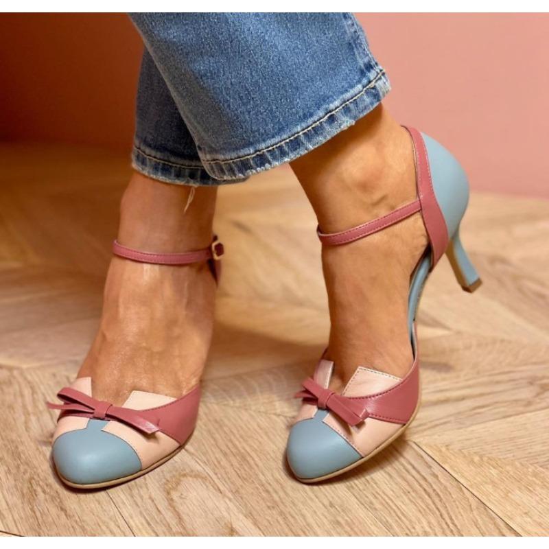 Fashion Luxury Designer Sweet Female Pumps Round Toe Small Heels 6cm Buckle Strap Bowknot Mixed Color Plus Size 43 Spring Dating Shoes