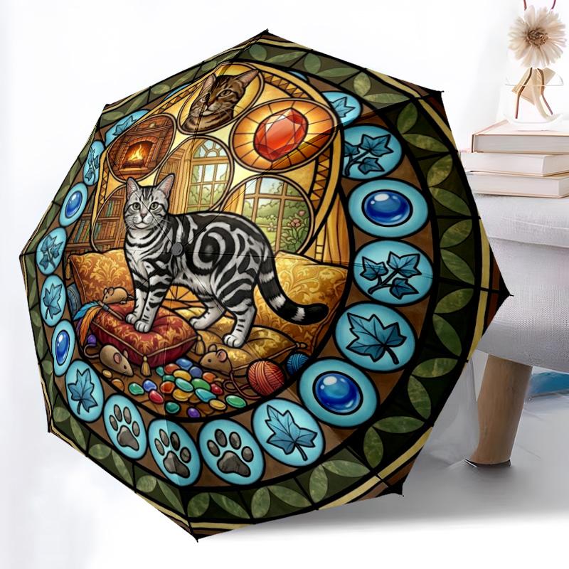 Glass Cat Fantasy pattern umbrella, portable and foldable design, 8 ribs, a casual accessory for Halloween, Christmas, and birthday gifts.