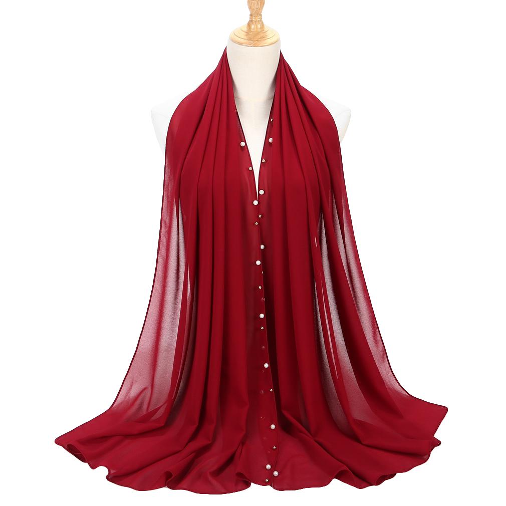Women's Solid Chiffon Pearl Scarf, Elegant Beaded Hijab Shawl, Muslim Headscarf for Daily/Party