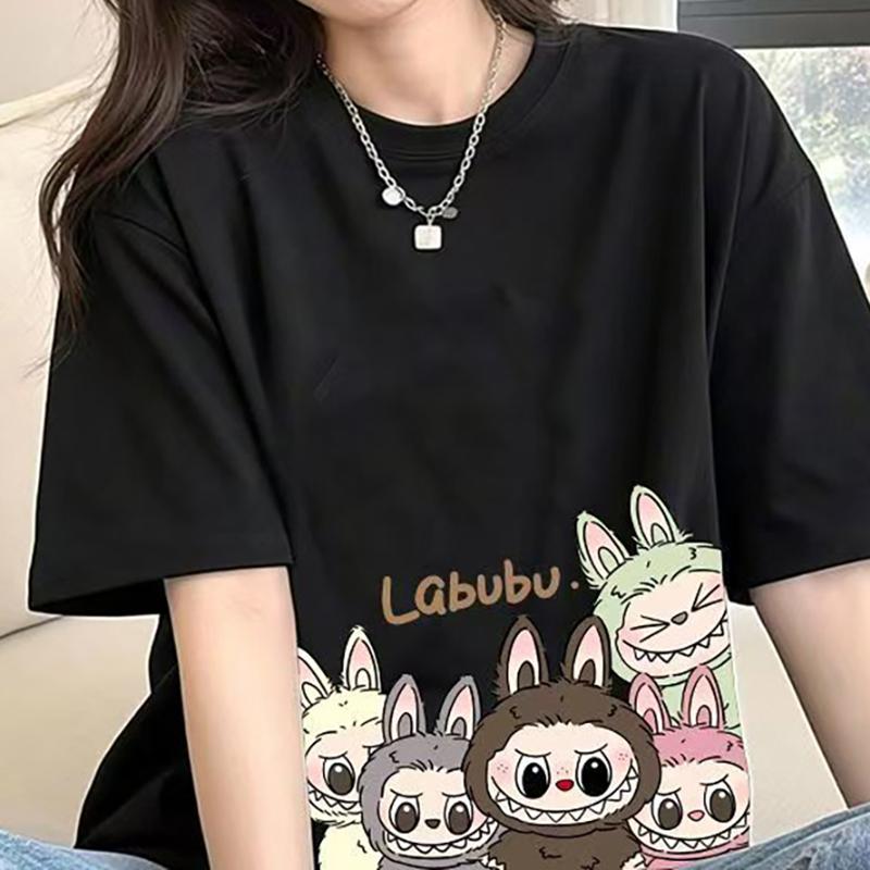 Labubu Print Women Short Sleeve T-shirt Summer Casual Fashion Clothing Girl Cartoon Cute Anime Printed Tops