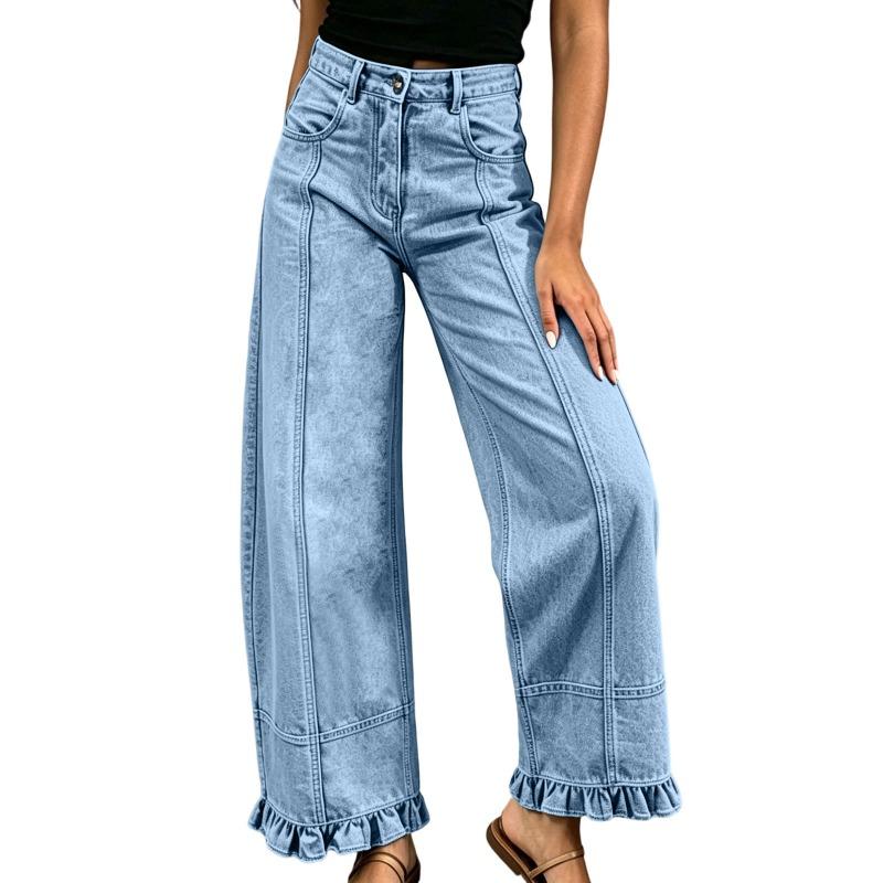 Jeans da donna a gamba dritta e larghi, design alla moda con bordo a fungo