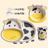 5-Piece Bamboo Fiber Children's Tableware Set: Cow & Ladybug Design with Plate, Bowl, Fork, and Spoon.