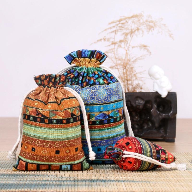 1/10PCS Ethnic Style for Weddings Christmas Stripe Buddhist Beads Sorting Bag Drawstring Pocket Bag Bohemian Jewelry Bag Cotton