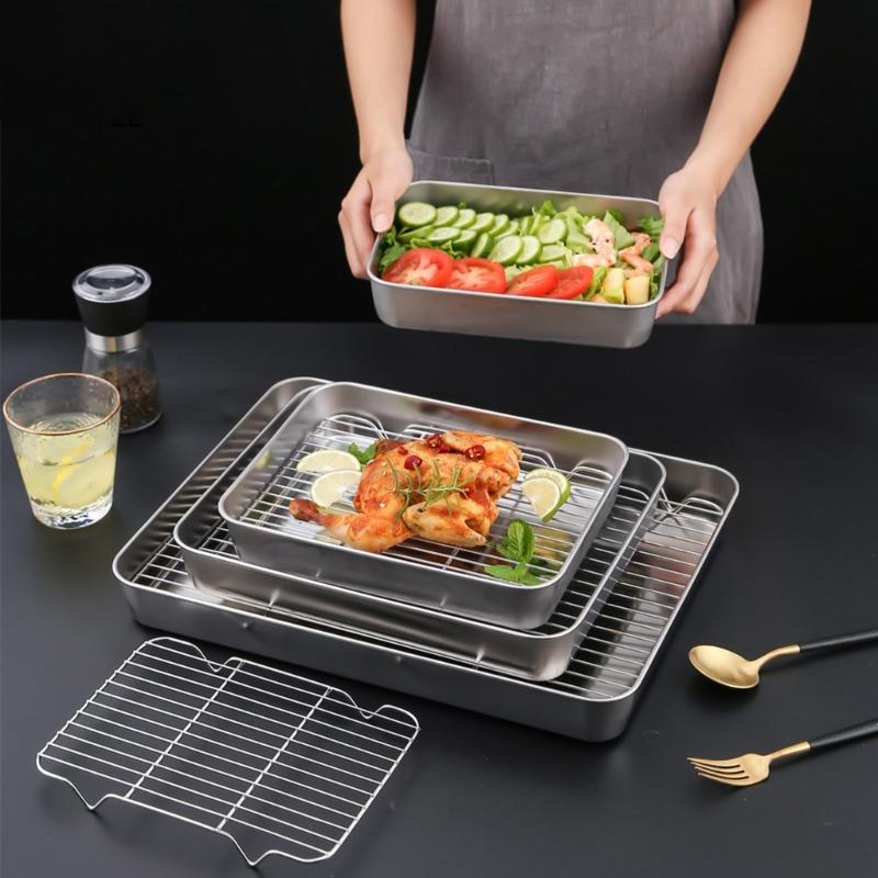 Stainless Steel Roasting Baking Pan And Wire Rack Set For Uniform Cooking Durable Rusts Resistant Easy To Clean Surfaces