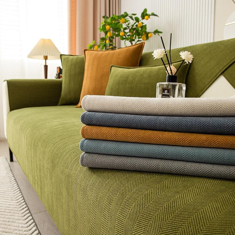 Four Seasons Universal Chenille Sofa Cover Fabric Solid Color Herringbone Stripe Sofa Cushion Modern Simple Anti-Slip Sofa Cover