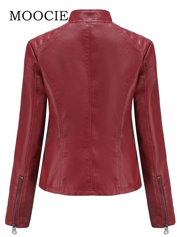 Women's Casual Leather Jacket With Stand Collar, Slim Fit, Color
