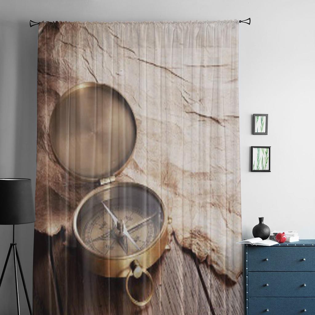 Närbild av kompassen på gammalt papper Tyll Skira gardiner för vardagsrum Sovrum Kök Dekoration Voile Organza Gardiner